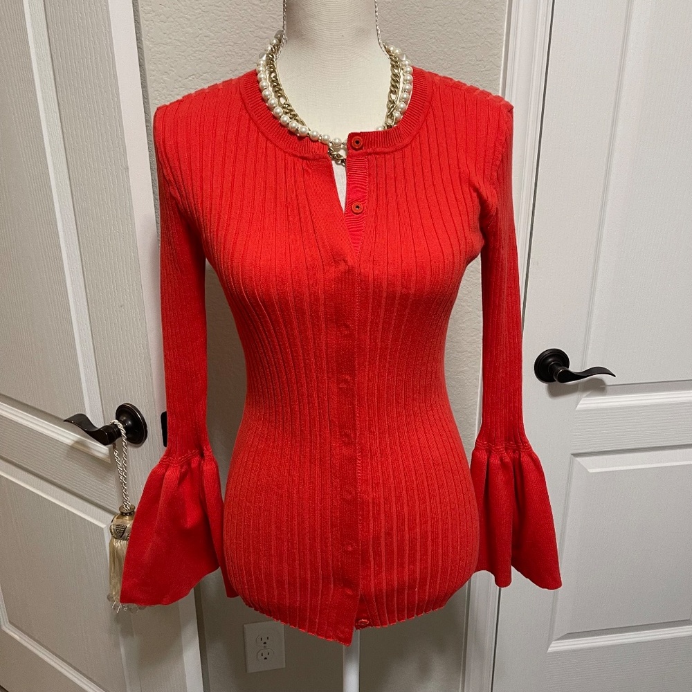 CAbi- Trumpet Cardi- Small- orange/coral trumpet sleeve rib knit